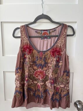 Johnny Was Mauve Embroidered Floral Tank with Multicolor Stitching